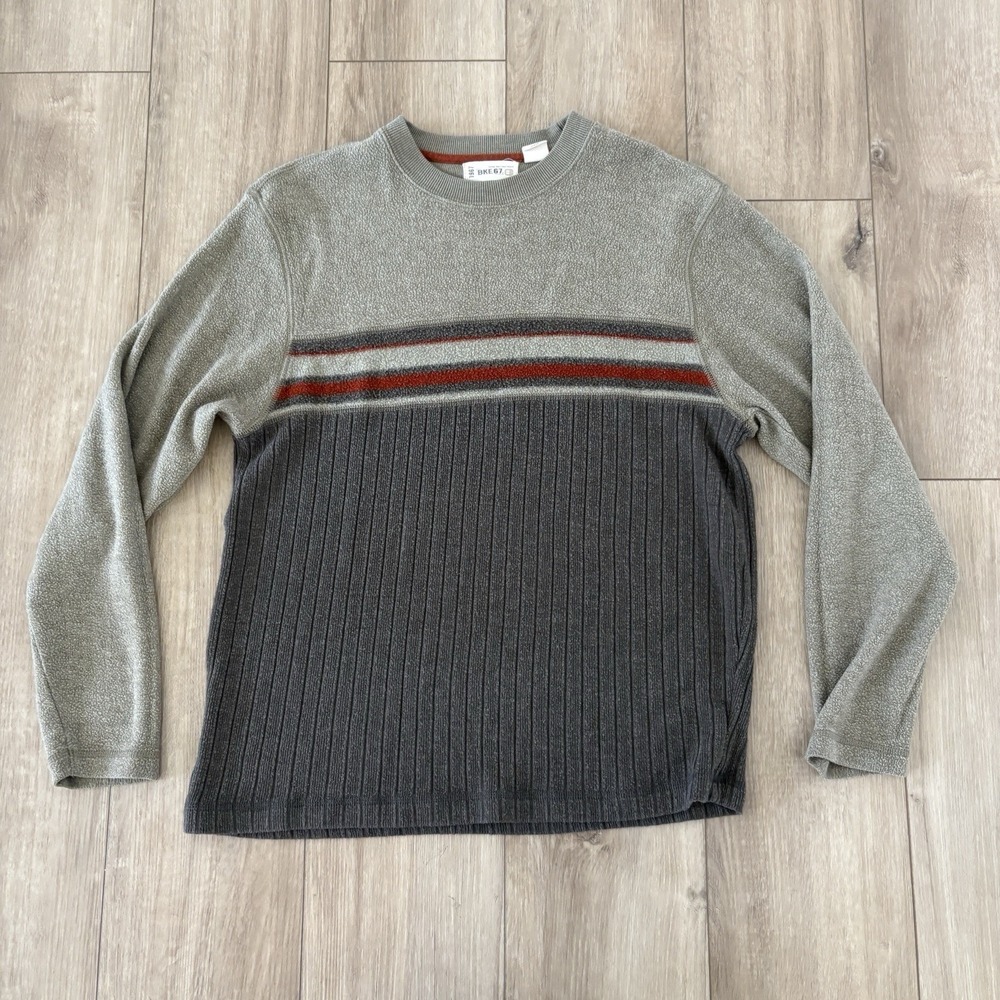 Buckle BKE67 Men's Knit Striped Crew Neck Pullover Sweater L Gray Brown